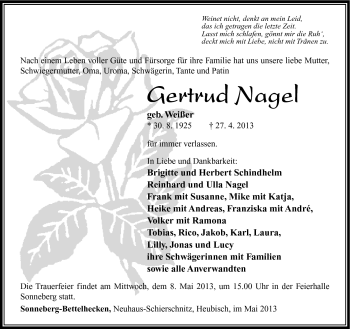 Traueranzeige von Gertrud Nagel von Südthüringer Presse