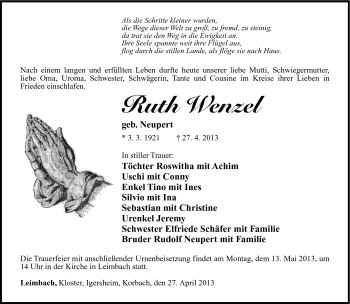 Traueranzeige von Ruth Wenzel von Südthüringer Presse