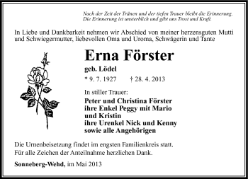 Traueranzeige von Erna Förster von Südthüringer Presse