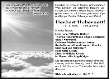 Traueranzeige von Herbert Haberzettl von Südthüringer Presse