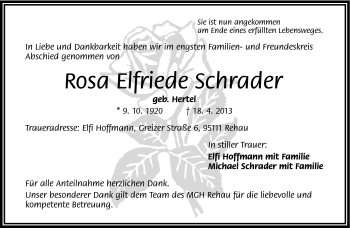Traueranzeige von Rosa Elfriede Schrader von Frankenpost