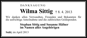 Traueranzeige von Wilma Sittig von Südthüringer Presse