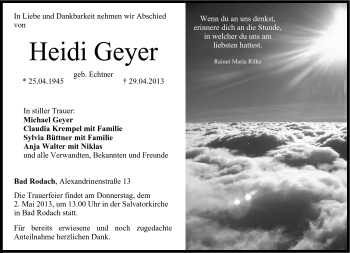 Traueranzeige von Heidi Geyer von Neue Presse Coburg