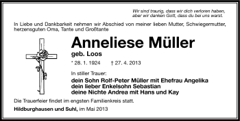Traueranzeige von Anneliese Müller von Südthüringer Presse