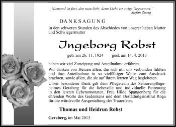 Traueranzeige von Ingeborg Robst von Südthüringer Presse