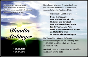 Traueranzeige von Claudia Aichinger von Südthüringer Presse