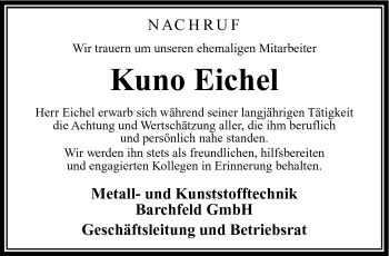 Traueranzeige von Kuno Eichel von Südthüringer Presse