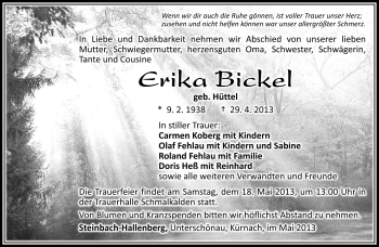 Traueranzeige von Erika Bickel von Südthüringer Presse
