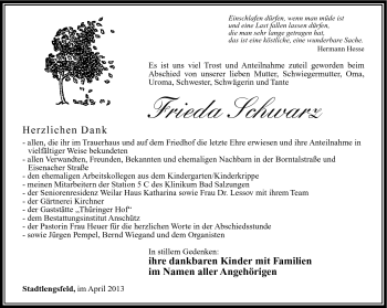 Traueranzeige von Frieda Schwarz von Südthüringer Presse