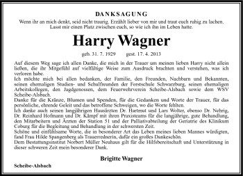 Traueranzeige von Harry Wagner von Südthüringer Presse
