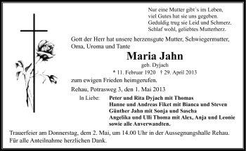 Traueranzeige von Maria Jahn von Frankenpost