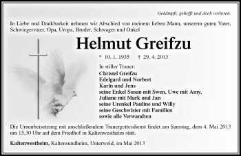 Traueranzeige von Helmut Greifzu von Südthüringer Presse