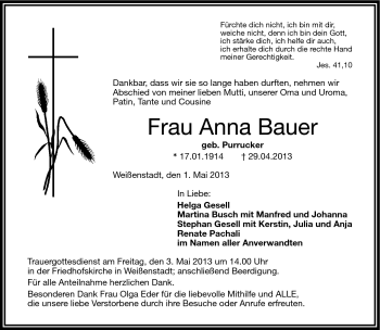 Traueranzeige von Anna Bauer von Frankenpost