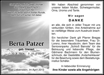 Traueranzeige von Berta Patzer von Südthüringer Presse
