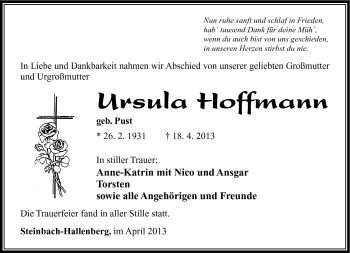 Traueranzeige von Ursula Hoffmann von Südthüringer Presse
