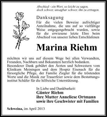 Traueranzeige von Marina Riehm von Südthüringer Presse