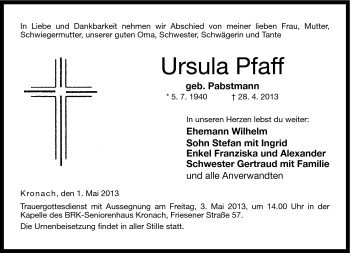 Traueranzeige von Ursula Pfaff von Neue Presse Coburg