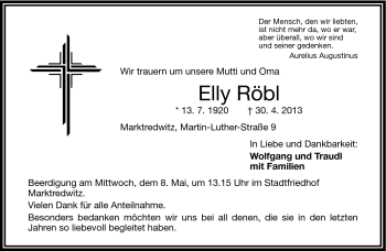 Traueranzeige von Elly Röbl von Frankenpost