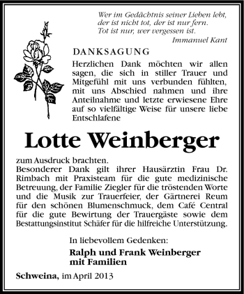 Traueranzeige von Lotte Weinberger von Südthüringer Presse