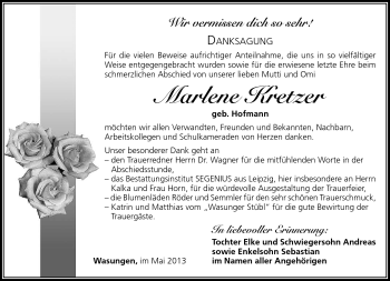 Traueranzeige von Marlene Kretzer von Südthüringer Presse