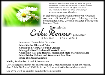 Traueranzeige von Erika Renner von Neue Presse Coburg
