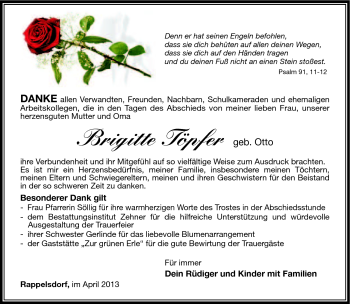 Traueranzeige von Brigitte Töpfer von Südthüringer Presse