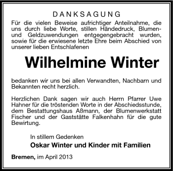 Traueranzeige von Wilhelmine Winter von Südthüringer Presse