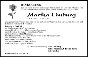 Traueranzeige von Martha Limburg von Südthüringer Presse