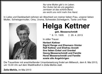 Traueranzeige von Helga Kettner von Südthüringer Presse