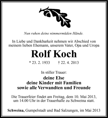 Traueranzeige von Rolf Koch von Südthüringer Presse