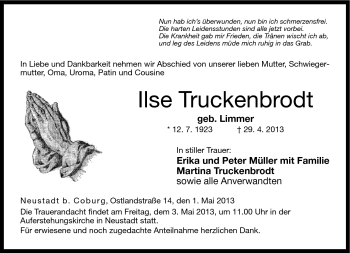 Traueranzeige von Ilse Truckenbrodt von Neue Presse Coburg