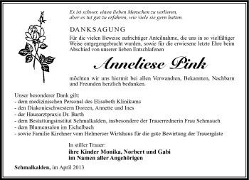 Traueranzeige von Anneliese Pink von Südthüringer Presse