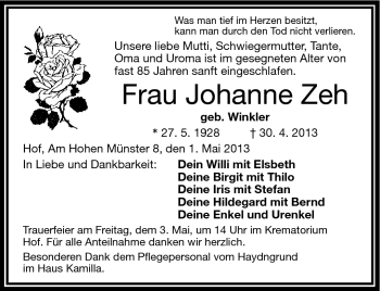 Traueranzeige von Johanne Zeh von Frankenpost