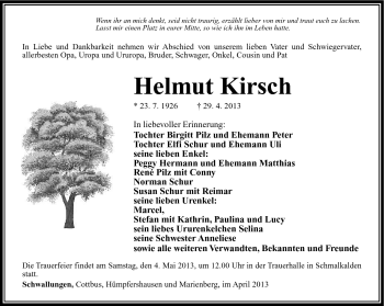 Traueranzeige von Helmut Kirsch von Südthüringer Presse