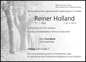 Traueranzeige von Reiner Holland von Neue Presse Coburg