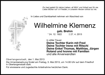 Traueranzeige von Wilhelmine Klemenz von Neue Presse Coburg