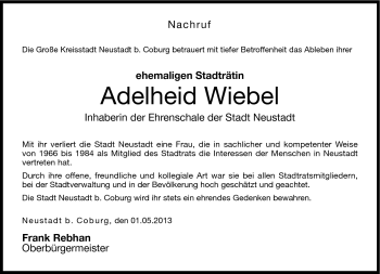 Traueranzeige von Adelheid Wiebel von Neue Presse Coburg