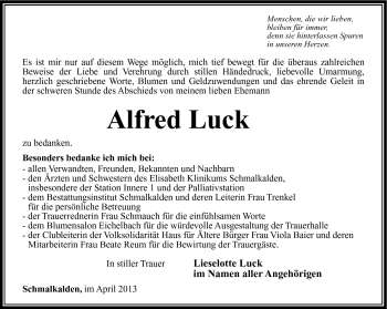 Traueranzeige von Alfred Luck von Südthüringer Presse