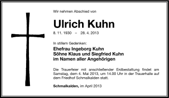 Traueranzeige von Ulrich Kuhn von Südthüringer Presse