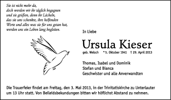 Traueranzeige von Ursula Kieser von Neue Presse Coburg