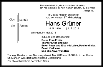 Traueranzeige von Hans Grüner von Frankenpost