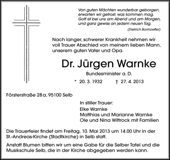 Traueranzeige von Jürgen Dr. Warnke von Frankenpost