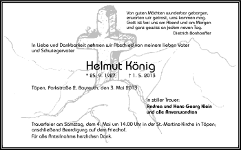 Traueranzeige von Helmut König von Frankenpost