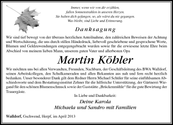 Traueranzeige von Martin Köhler von Südthüringer Presse