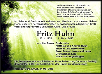 Traueranzeige von Fritz Huhn von Südthüringer Presse