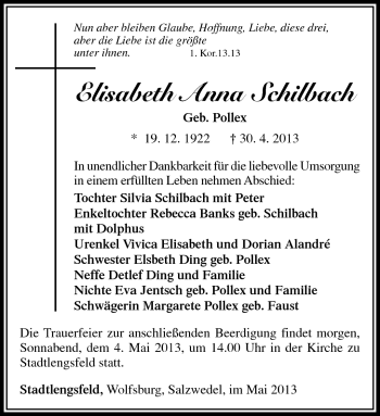 Traueranzeige von Elisabeth Anna Schilbach von Südthüringer Presse