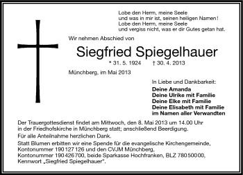 Traueranzeige von Siegfried Spiegelhauer von Frankenpost