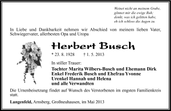 Traueranzeige von Herbert Busch von Südthüringer Presse