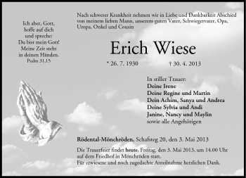 Traueranzeige von Erich Wiese von Neue Presse Coburg