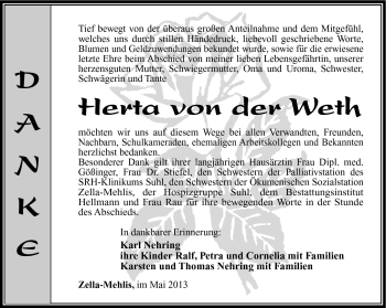 Traueranzeige von Herta von der Weth von Südthüringer Presse